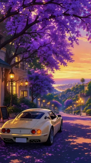 黄昏紫花小镇浪漫街景