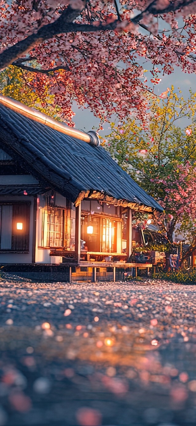 黄昏下的唯美湖畔樱花湖泊