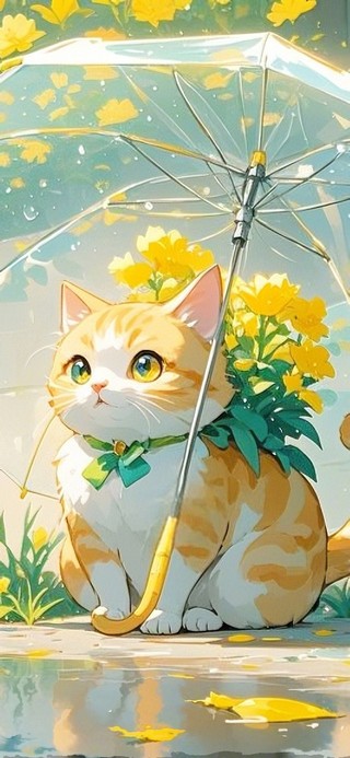 雨中伞下小猫