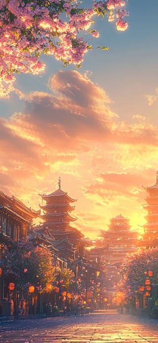 春日傍晚绝美晚霞古镇