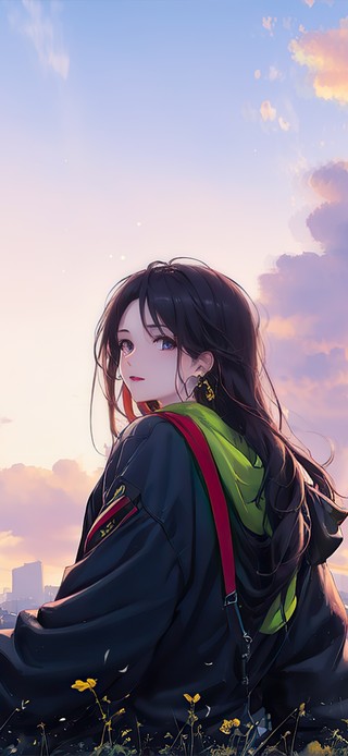 治愈系夕阳下悠闲的女孩