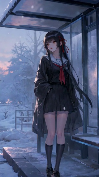 冬雪黄昏公交站女孩千咲