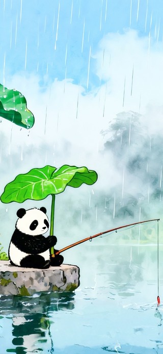 雨中钓鱼的熊猫