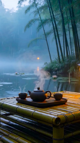 夏日雨天竹林荷塘