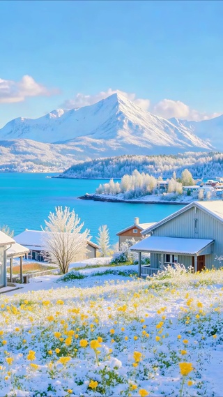 唯美雪山湖泊小屋