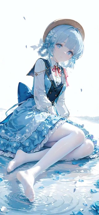 唯美蓝色樱花水潭少女