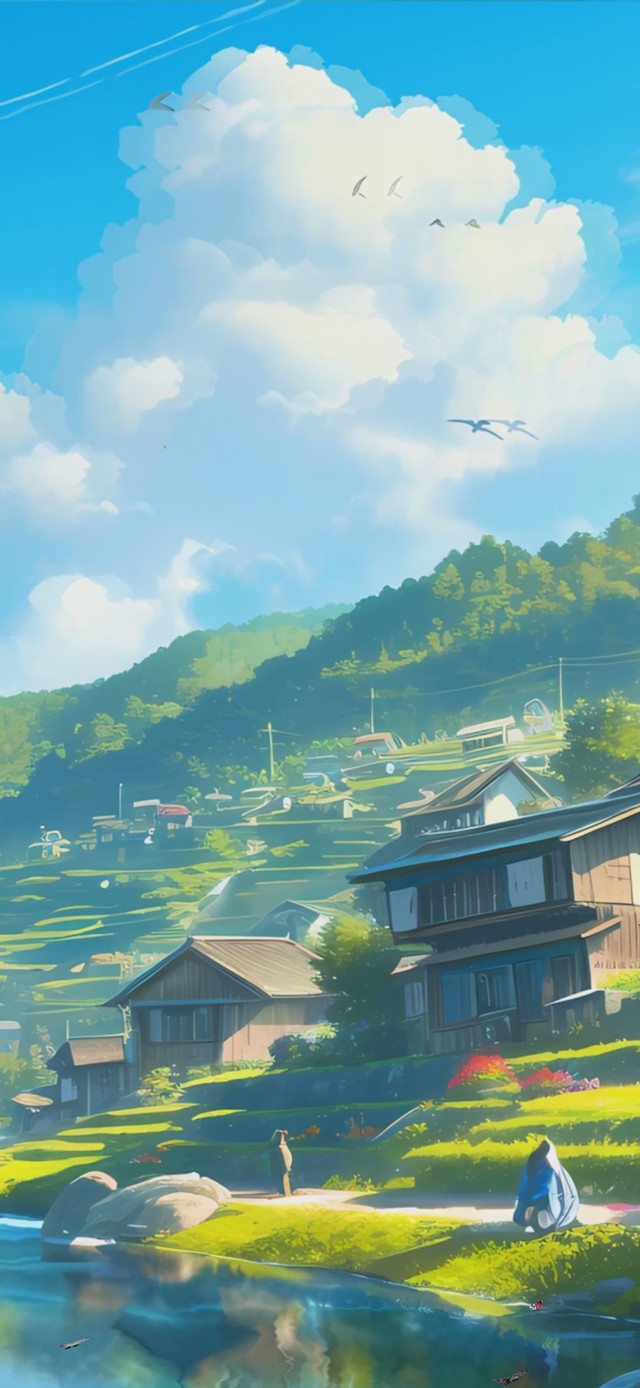 护眼蓝天白云花草树木房屋景色