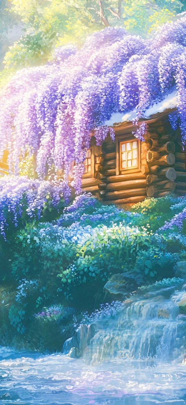 小桥流水紫藤花小屋