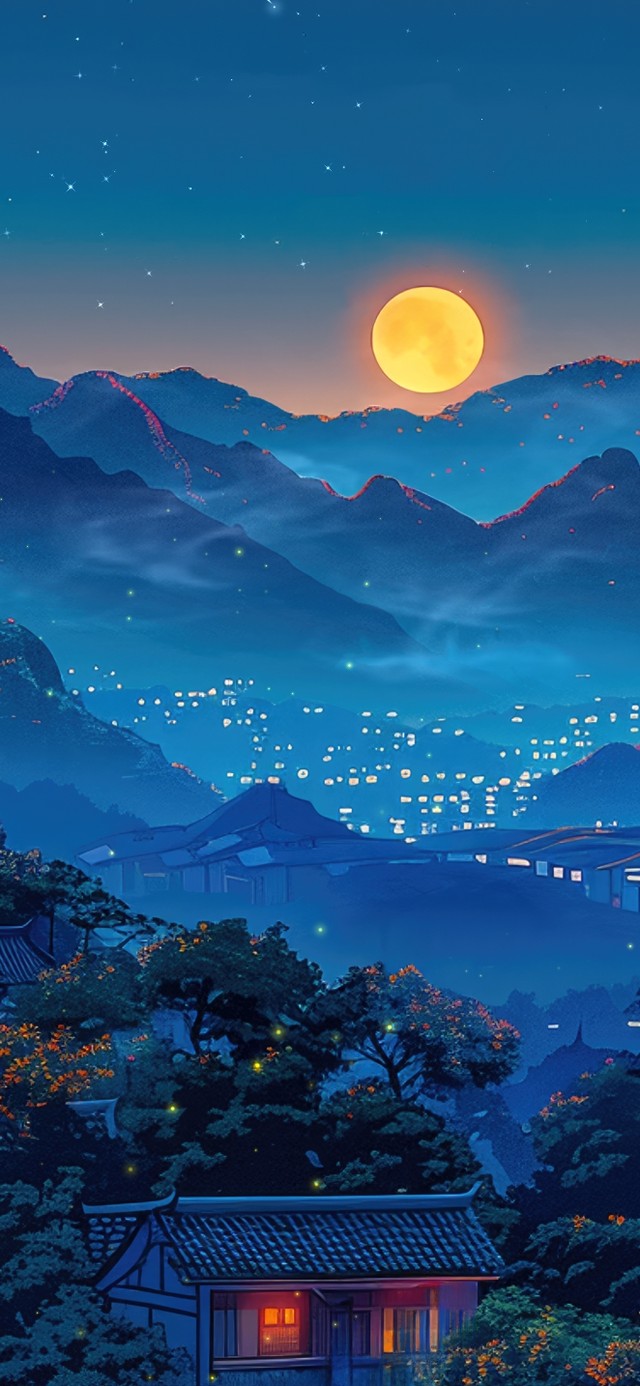 月满中秋山村美景