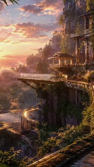 落日悬崖竹林古风别院