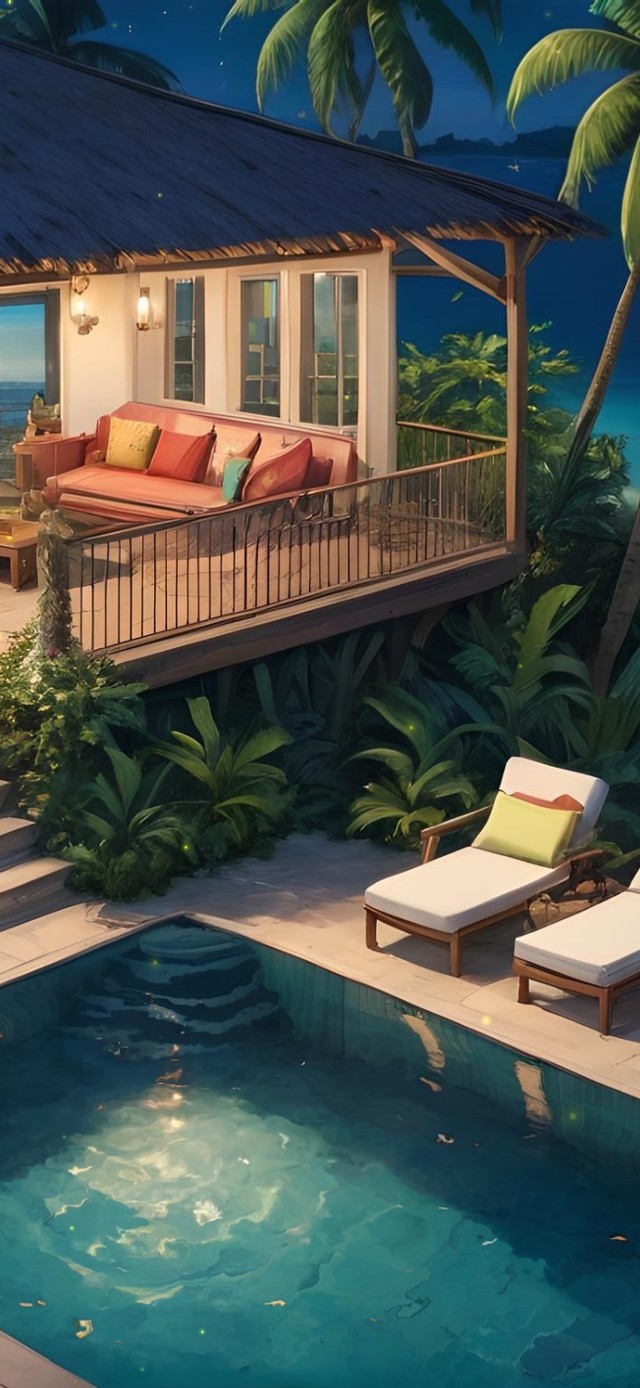 夜晚海边泳池小屋