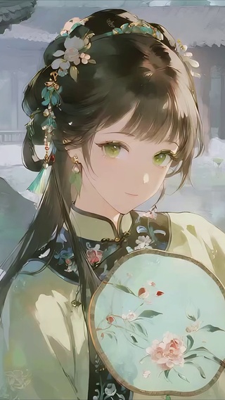 荷塘庭廊执扇纳凉的少女