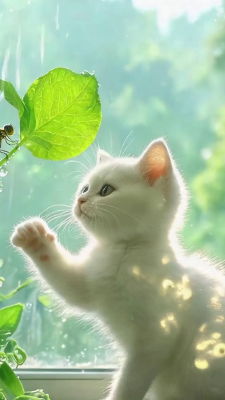 雨天窗边的可爱白奶猫