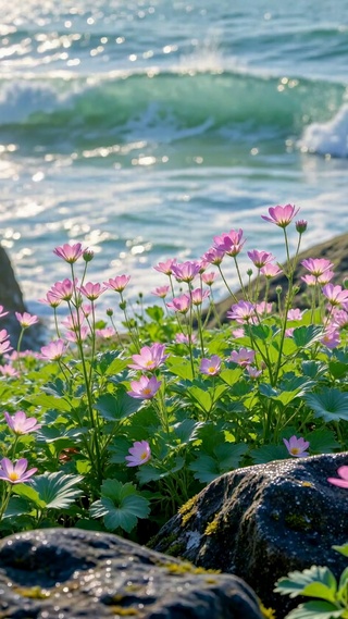 海边礁石粉花治愈风景