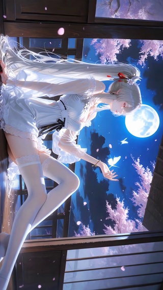 纯欲满月下的白裙少女