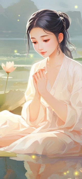 荷花池边的女孩
