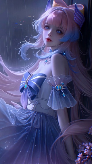 雨夜窗边蓝裙粉发美少女