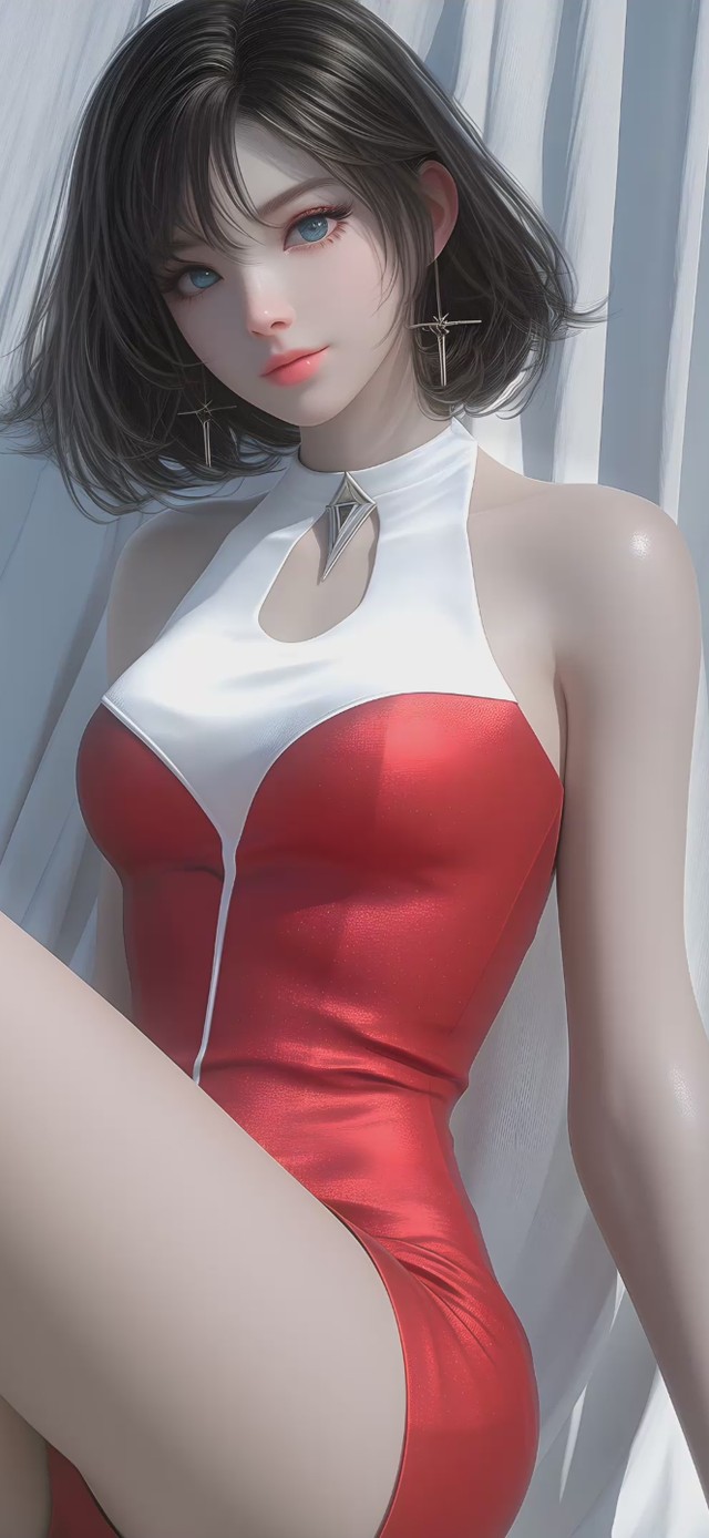 短发红白紧身裙美女