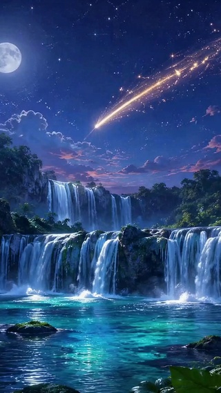 月夜蓝蝶星空瀑布仙境