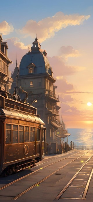 傍晚海边小镇电车