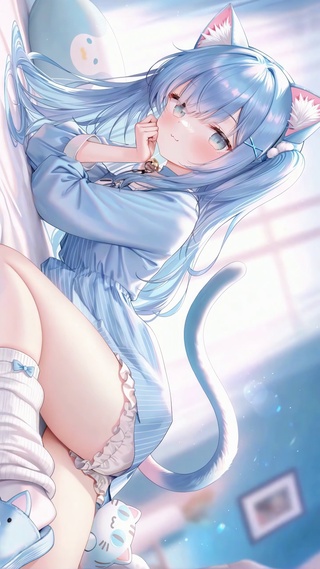 窗边的蓝发猫耳少女