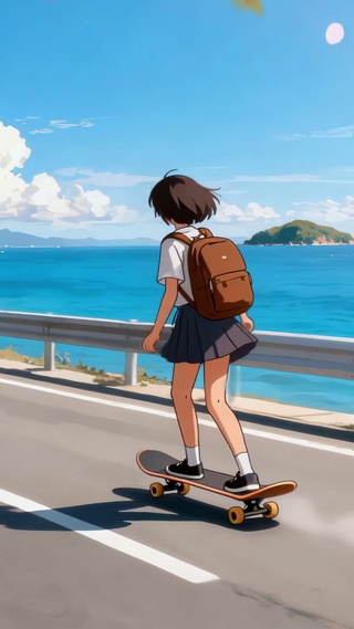 小清新动漫海滨公路滑板JK少女
