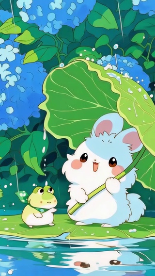 雨中小兔和它的青蛙朋友