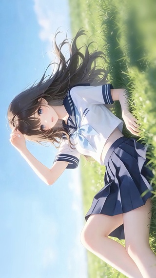 草坡上的校服少女