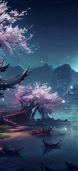 古风江边月夜阁楼