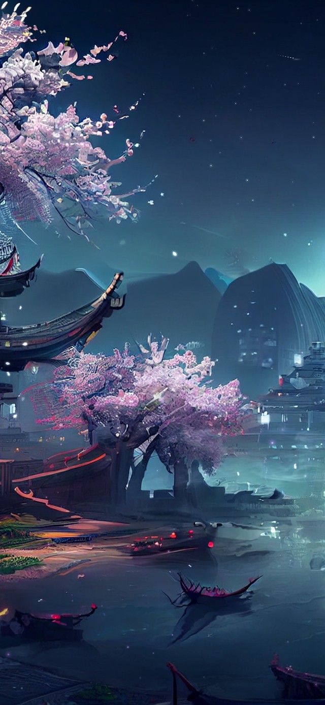 古风江边月夜阁楼