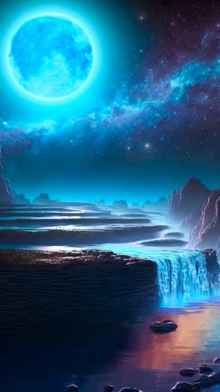 唯美梦幻夜晚山水瀑布