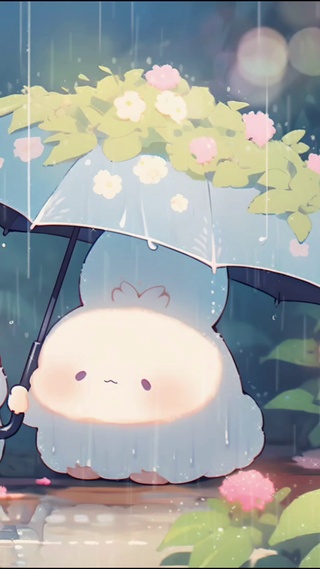 小兔兔雨中撑伞
