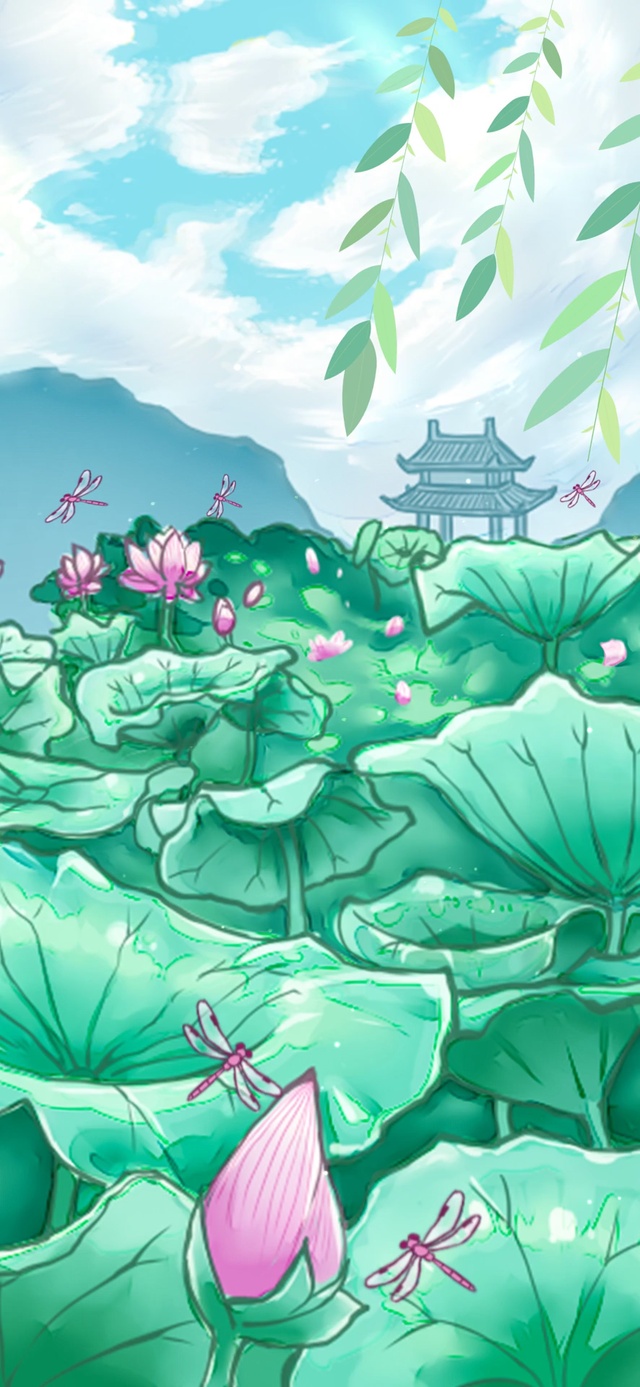 荷花、蜻蜓、白云、蓝天