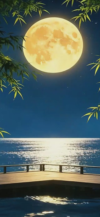 月夜湖边栈桥