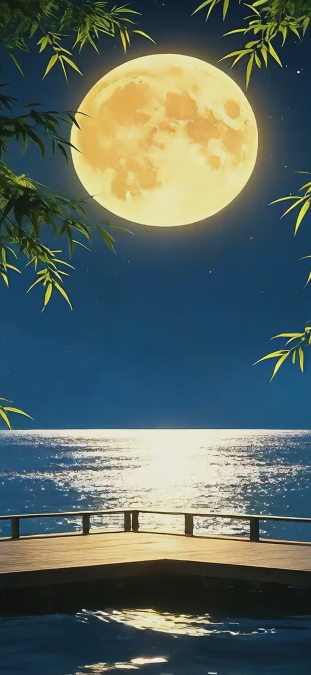 月夜湖边栈桥