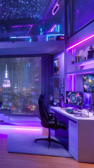 雨夜霓虹电脑房间