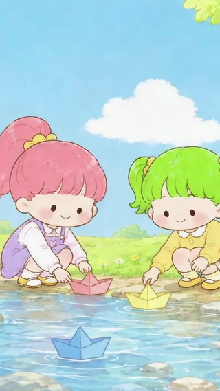 春日河边放纸船的可爱女孩