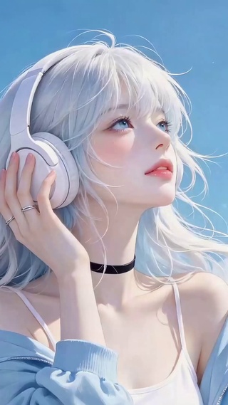 晴空下的银发耳机少女