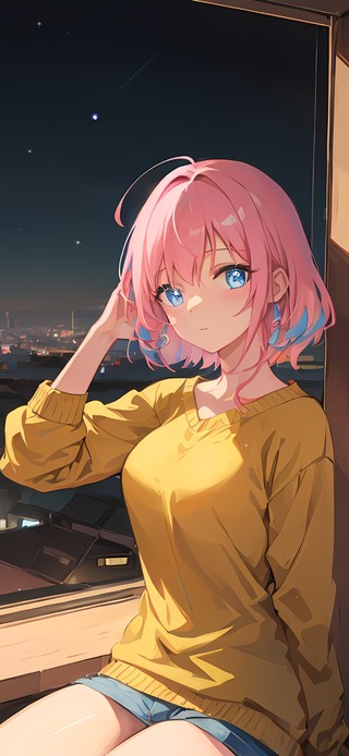 黄衫少女梦幻倚窗