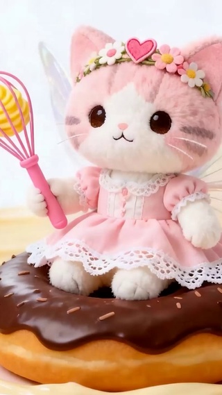 坐在甜甜圈可爱猫咪