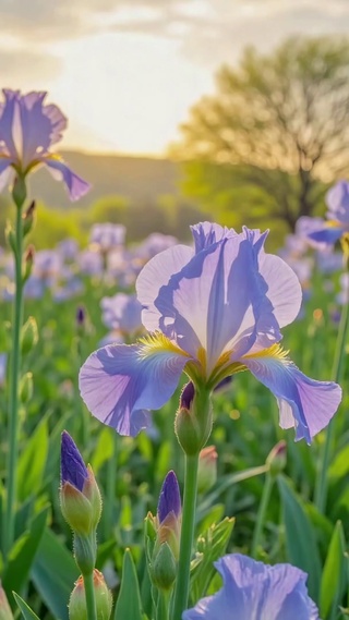 日落紫色鸢尾花田