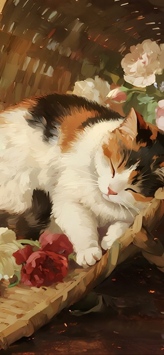 唯美箩筐鲜花酣睡猫咪