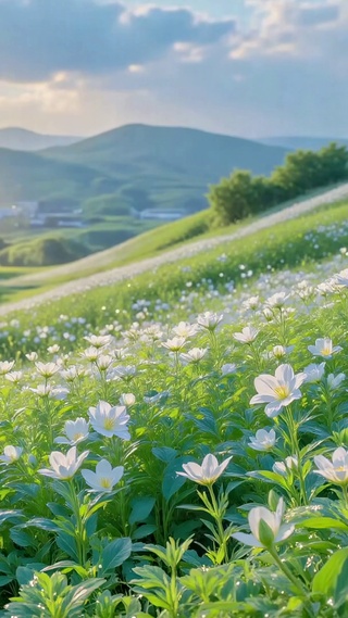 白色花田晨光山野风景
