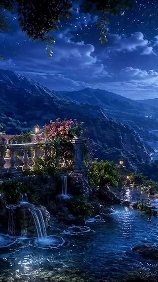 梦幻月夜河畔山谷风景
