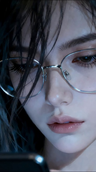 戴眼镜的美女深夜玩手机