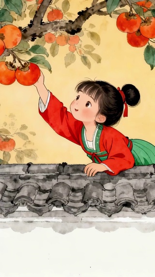 国风小清新可爱女孩摘柿子