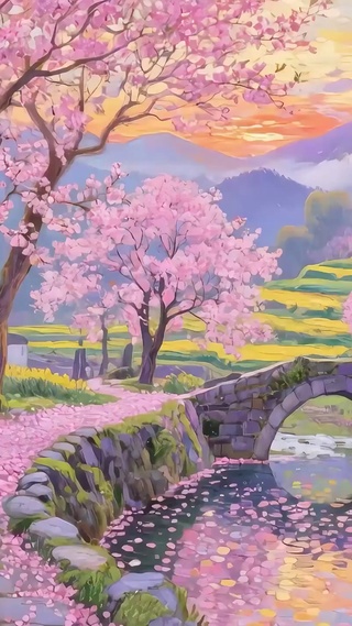 樱花树木河流