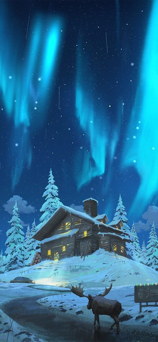 4K 极光下的小木屋