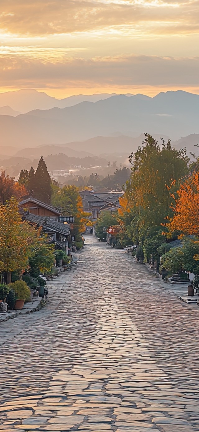 落日古镇石板路