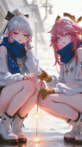 冬日雪景浪漫烟花双子少女